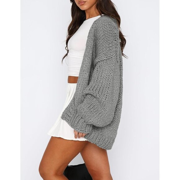 Womens Trendy Cardigan Sweaters Light Grey Long Sleeve Chunky Knit Outfits - Picture 4 of 8